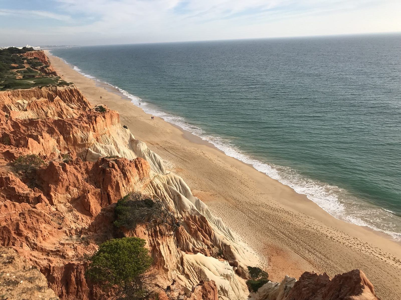Ochre sandstone cliffs and the long beach at Falésia, Albufeira, seen from above