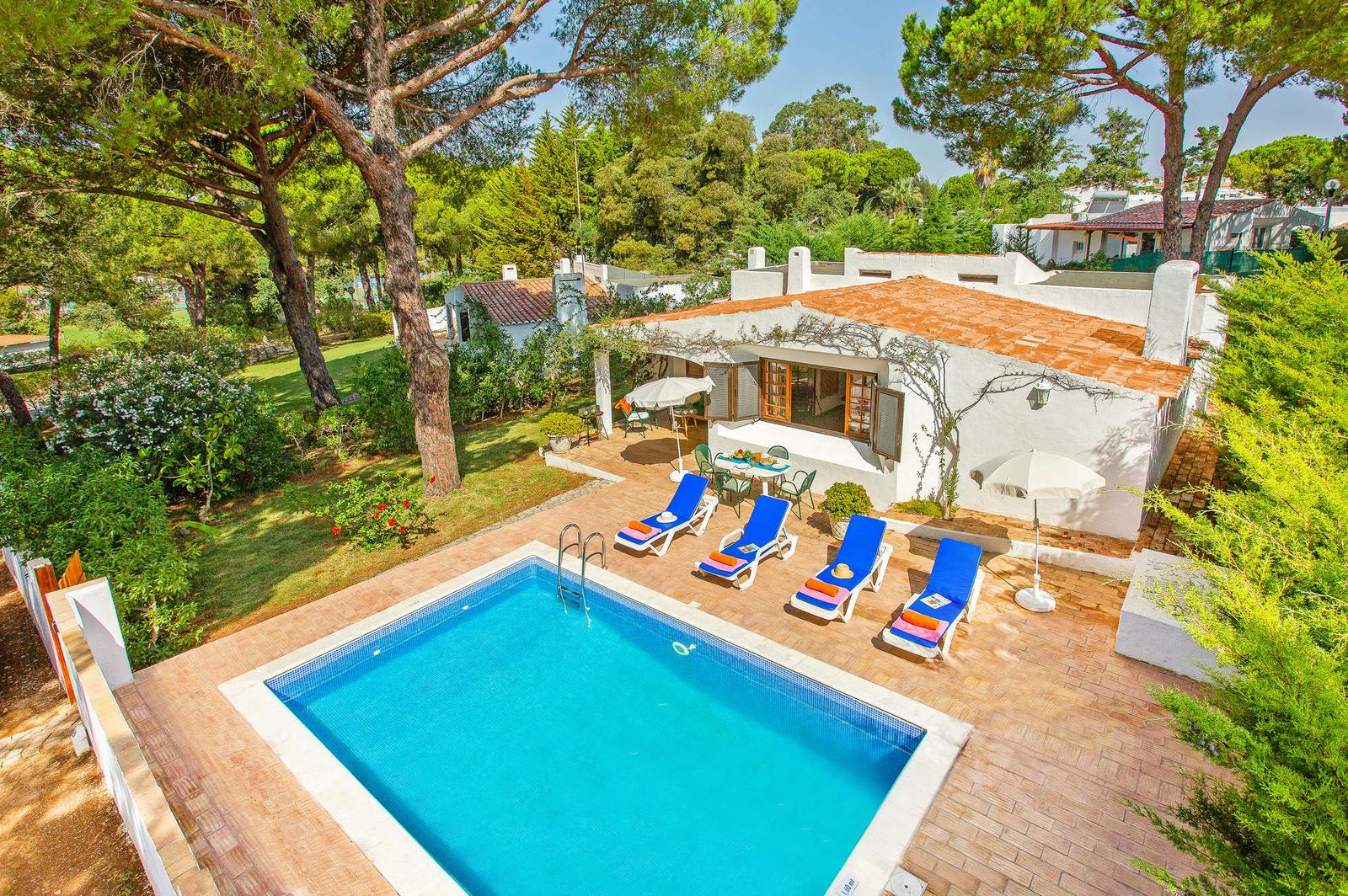 Vista de cima da piscina e do jardim da Villa Simão entre pinheiros